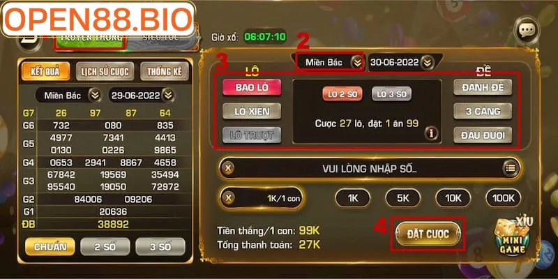 Bảng tỷ lệ trả thưởng lô đề tại xổ số Open88