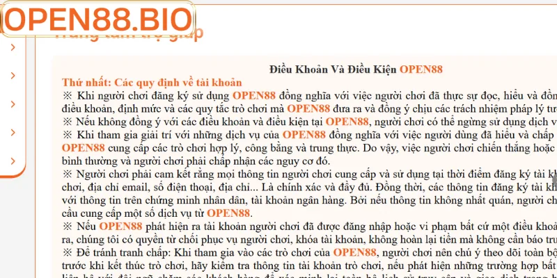 Điều Khoản Và Điều Kiện OPEN88: Quy Định Mới Nhất 2026 Giao diện trang chủ và điều khoản dịch vụ hệ thống