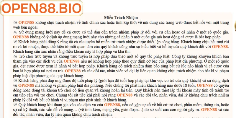 Văn bản quy định miễn trừ trách nhiệm tại nhà cái